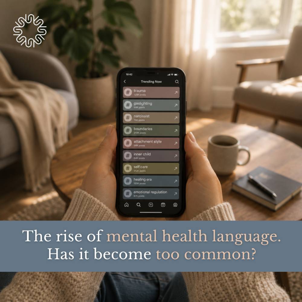 Person holding a phone displaying trending mental health terms, with text reading The rise of mental health language. Has it become too common?