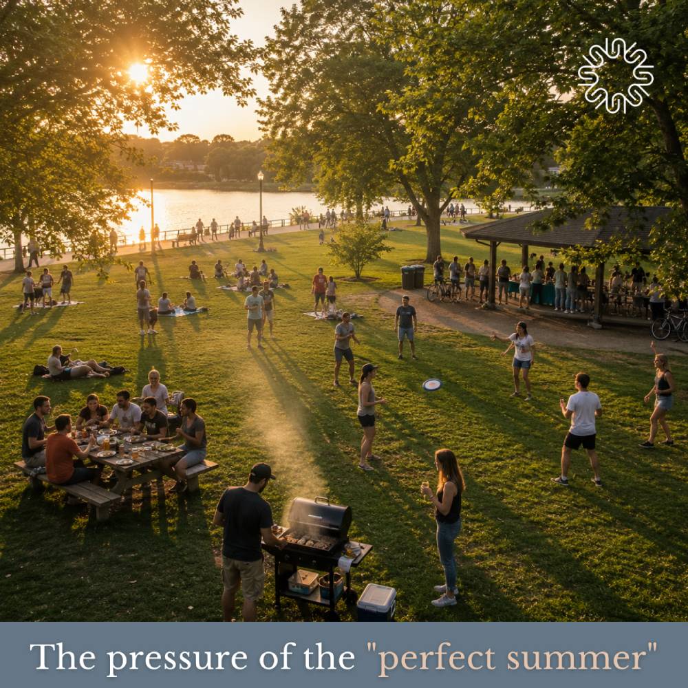 People gathered in a park at sunset for a summer barbecue and outdoor activities, with text reading The pressure of the “perfect summer”.