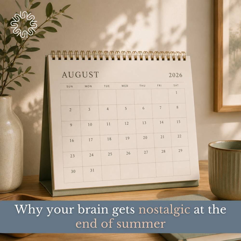 Desk calendar showing August 2026 with text asking why your brain gets nostalgic at the end of summer.