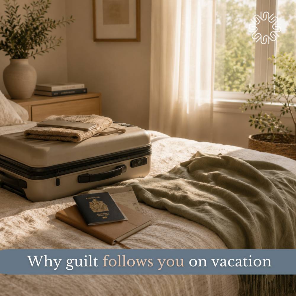An open, packed suitcase sitting on a neatly made bed next to a Canadian passport, with text overlay at the bottom that reads "Why guilt follows you on vacation".